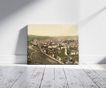 A picture of Esslingen seen from Dreikaiserfallsen, Black Forest, Baden, Germany, a mockup of the print leaning against a wall