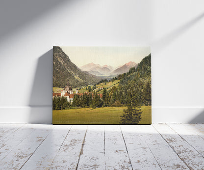 A picture of Ettal with the Ammergebirge, Upper Bavaria, Germany, a mockup of the print leaning against a wall