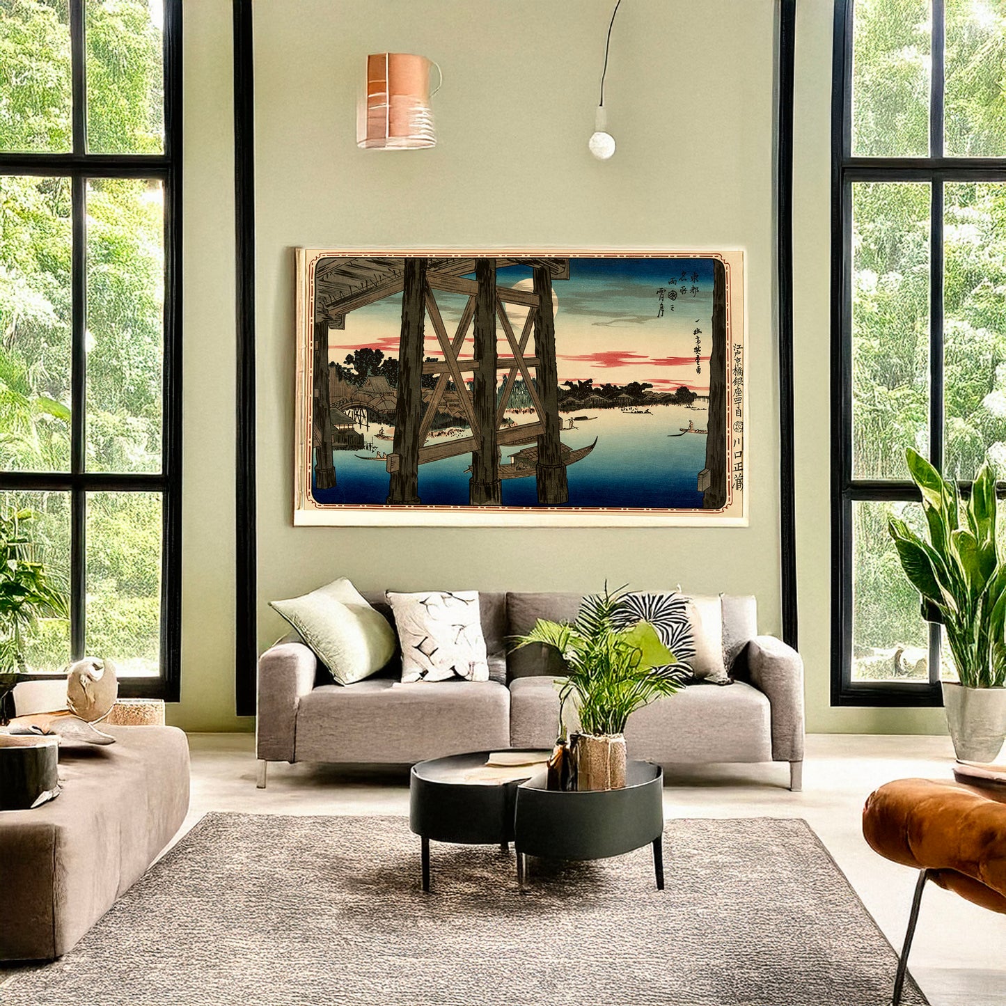 A picture of Evening moon at Ryogoku Bridge, a mockup of the print leaning against a wall