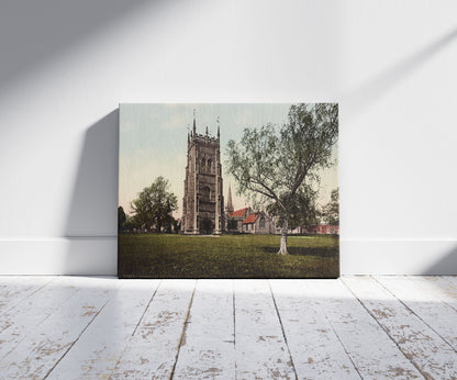 A picture of Evesham. Bell Tower and Two Churches, a mockup of the print leaning against a wall