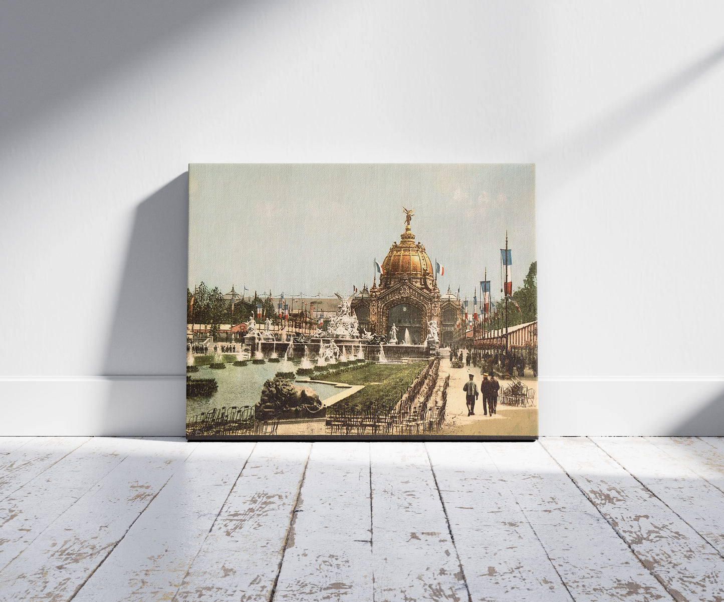 A picture of Exposition Universal, 1900, Paris, France, a mockup of the print leaning against a wall