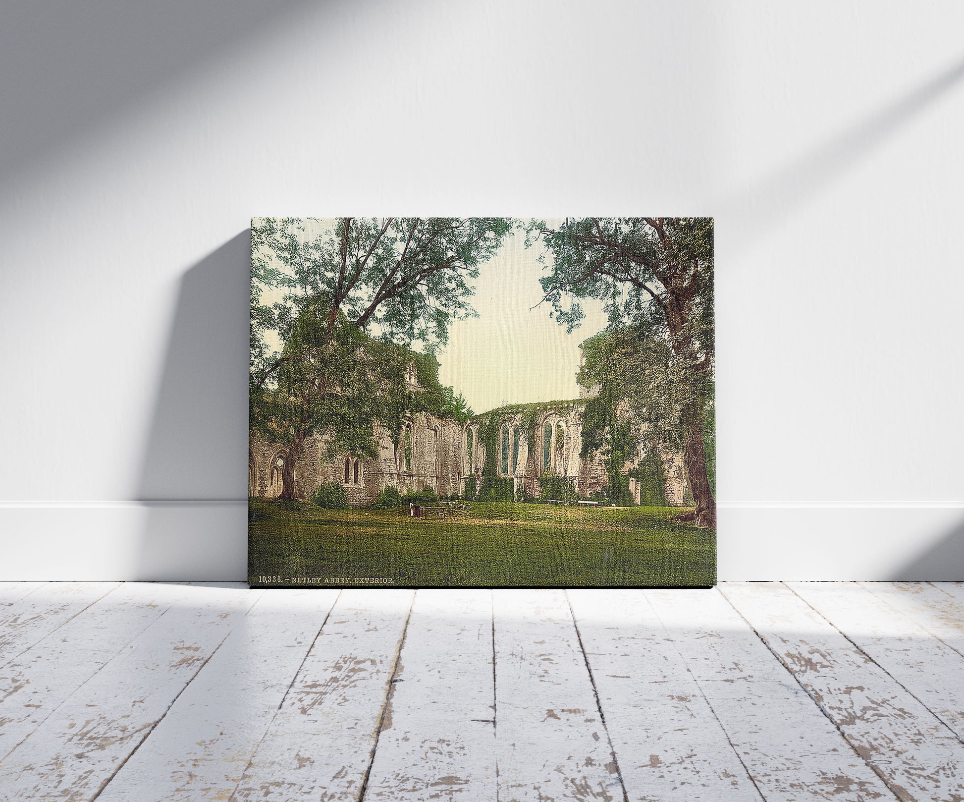 A picture of Exterior, Netley Abbey, England, a mockup of the print leaning against a wall