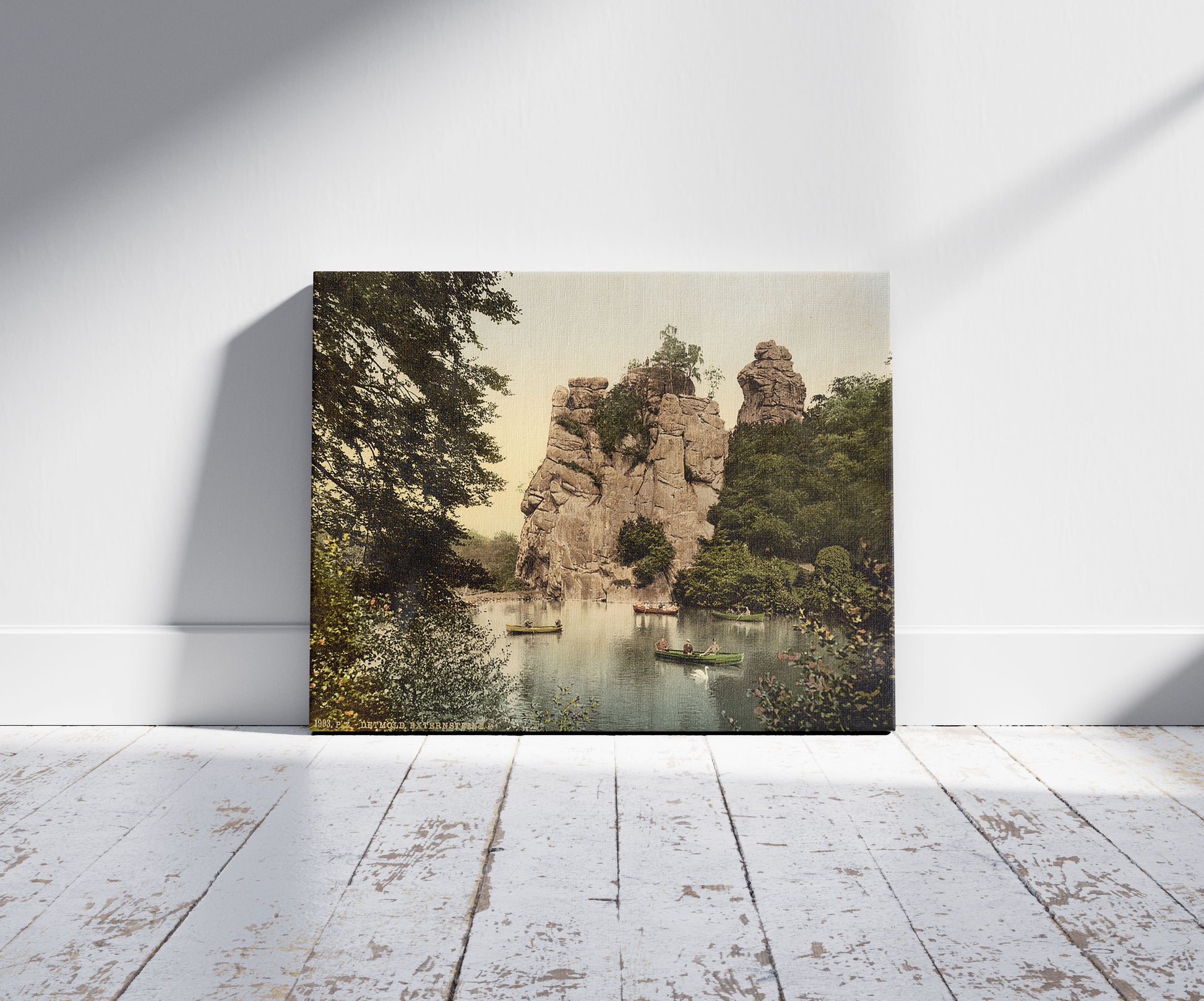 A picture of Externstein, I., Detmold, Lippe, Germany, a mockup of the print leaning against a wall