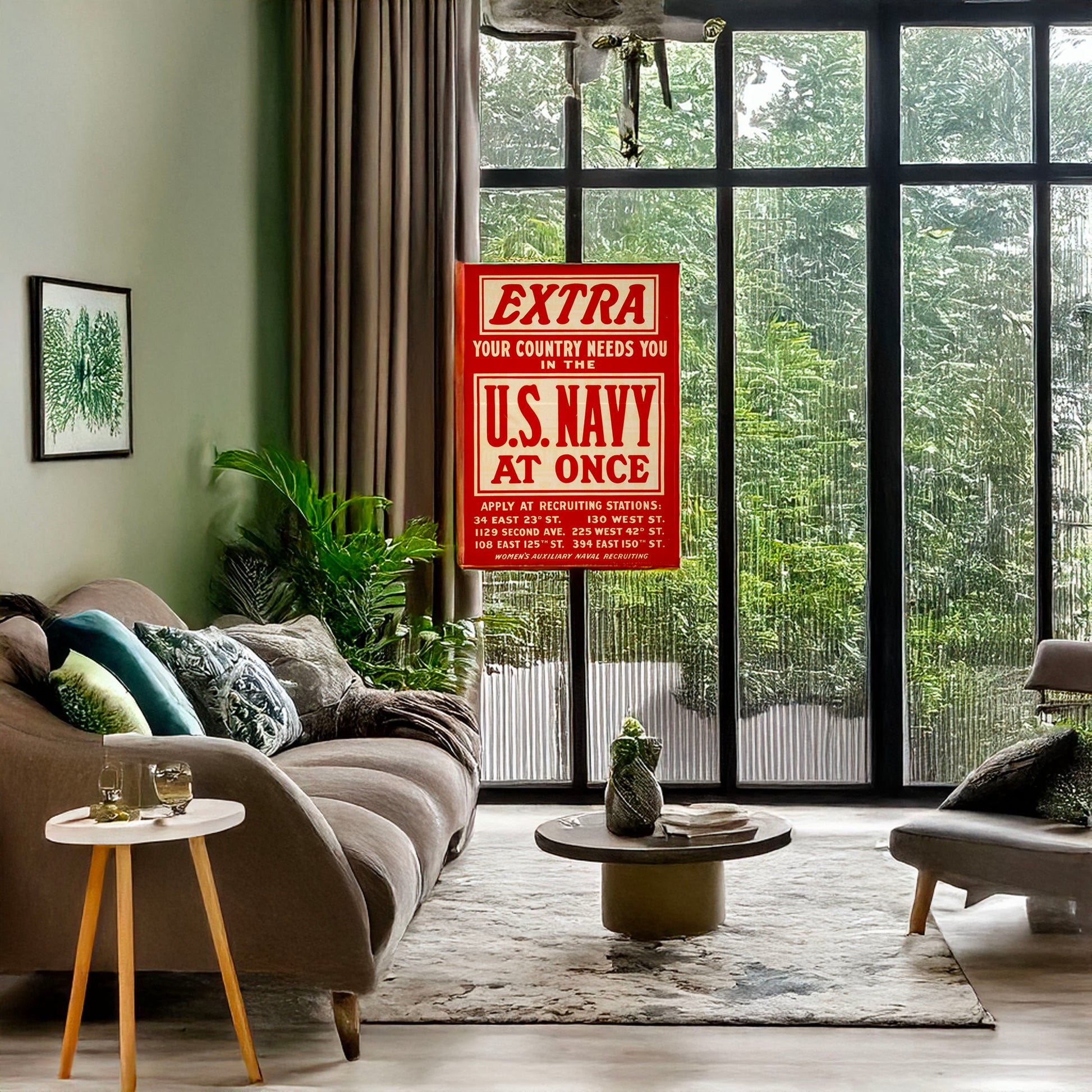 A picture of Extra--Your country needs you in the U.S. Navy at once Women's Auxiliary Naval Recruiting /, a mockup of the print leaning against a wall