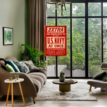A picture of Extra--Your country needs you in the U.S. Navy at once Women's Auxiliary Naval Recruiting /, a mockup of the print leaning against a wall