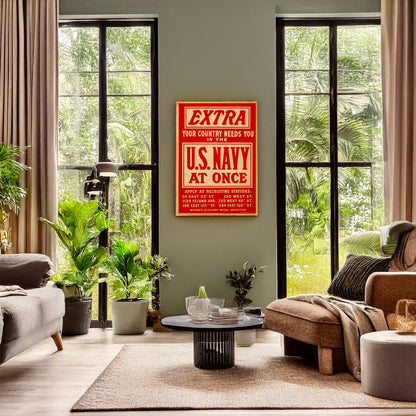 A picture of Extra - your country needs you in the U.S. Navy at once, a mockup of the print leaning against a wall