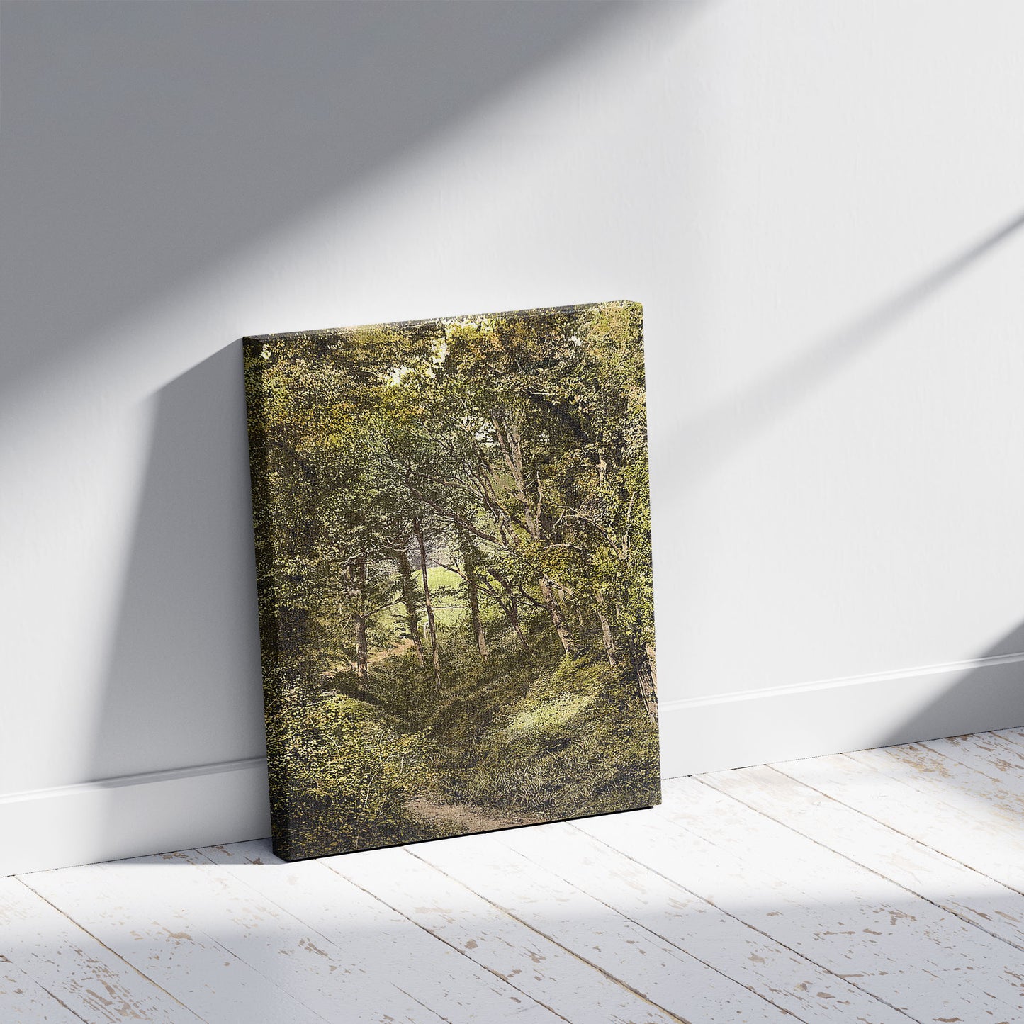 A picture of Fairlight Glen, Hastings, England , a mockup of the print leaning against a wall