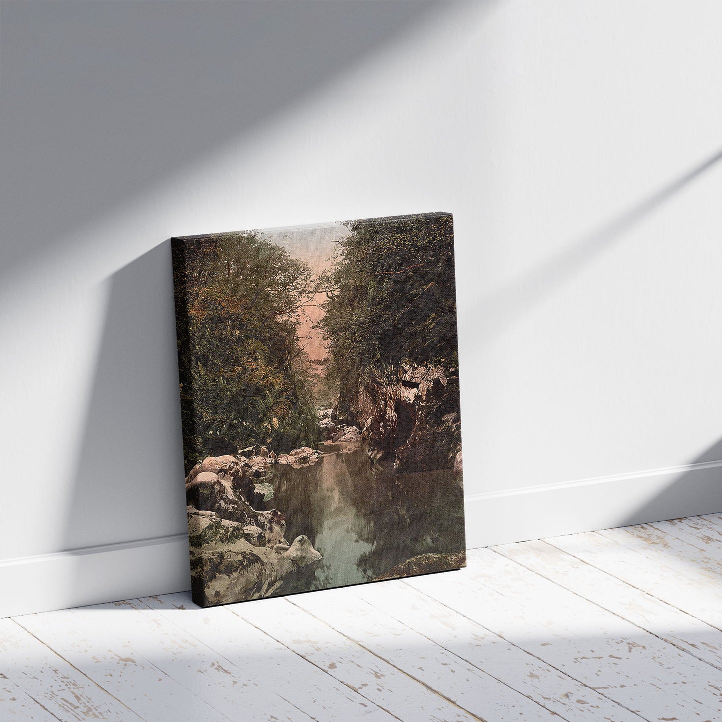 A picture of Fairy Glen, Bettws-y-Coed (i.e. Betws), Wales, a mockup of the print leaning against a wall