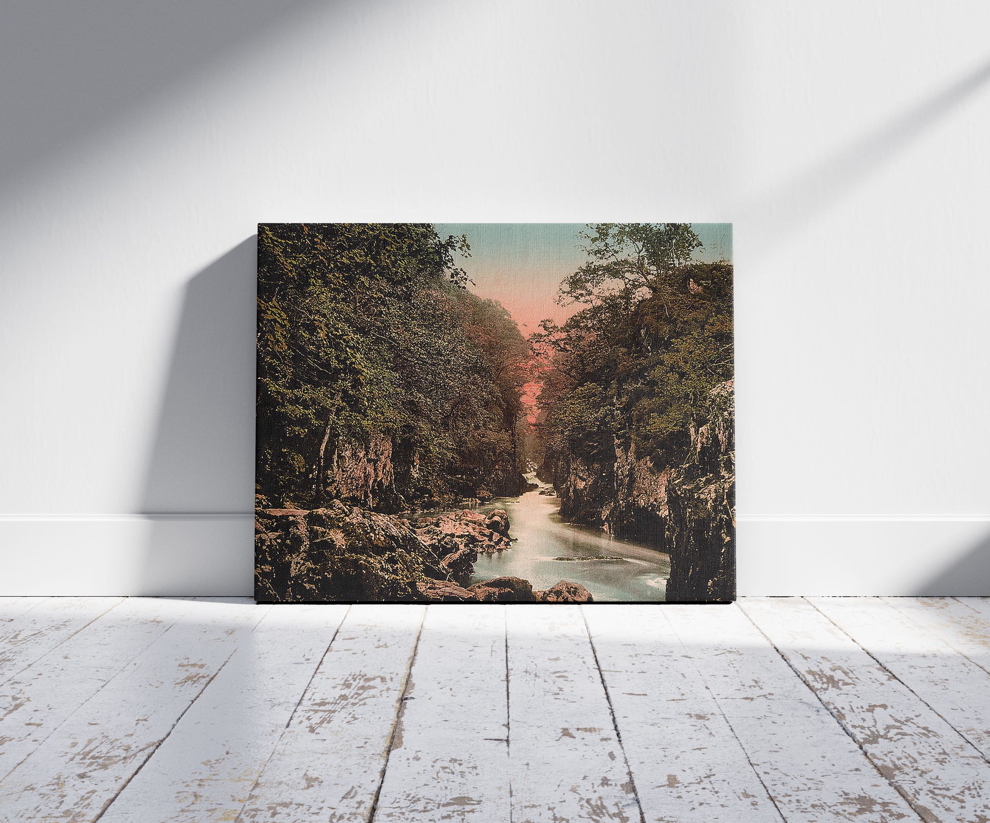 A picture of Fairy Glen II, Bettws-y-Coed (i.e. Betws), Wales, a mockup of the print leaning against a wall