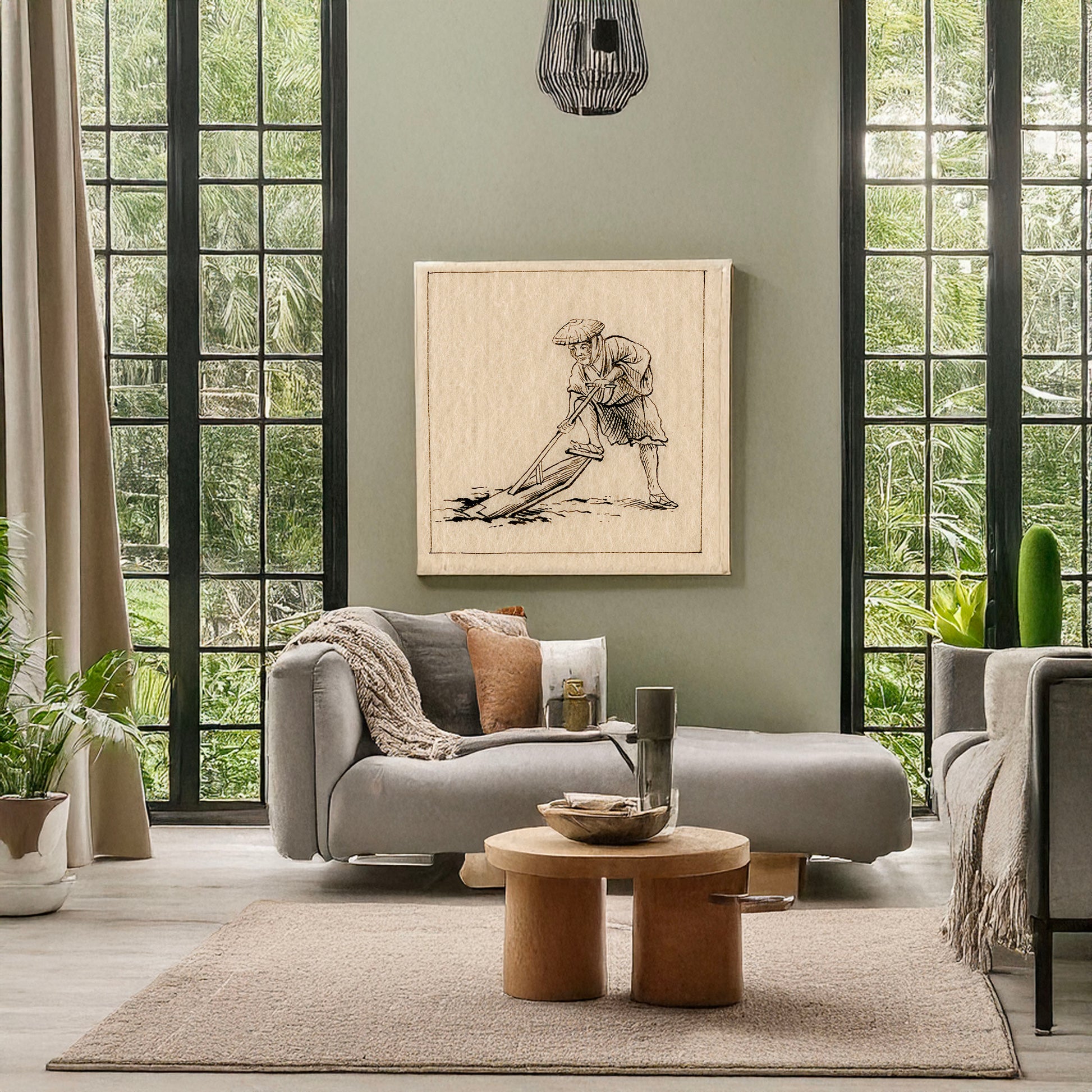 A picture of Farmer spading, a mockup of the print leaning against a wall