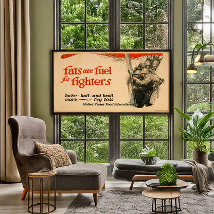 A picture of Fats are fuel for fighters Bake, boil, and broil more - fry less., a mockup of the print leaning against a wall
