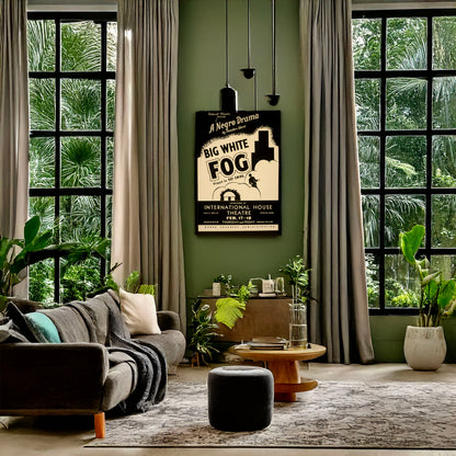 A picture of Federal Theatre presents "Big White Fog" A negro drama by Theodore Ward, staged by Kay Ewing., a mockup of the print leaning against a wall