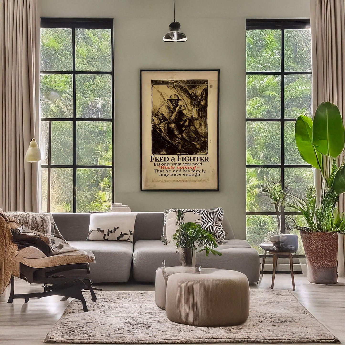 A picture of Feed a fighter - Eat only what you need - Waste nothing - That he and his family may have enough, a mockup of the print leaning against a wall