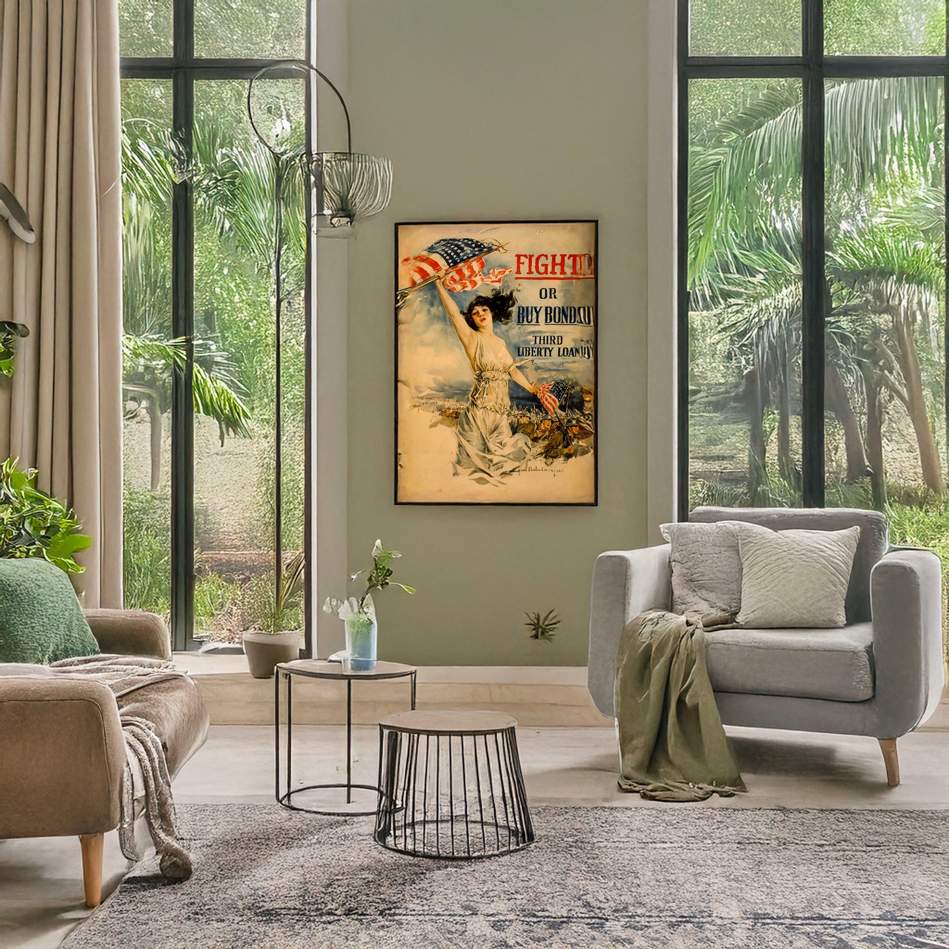 A picture of Fight or buy bonds--Third Liberty Loan, a mockup of the print leaning against a wall