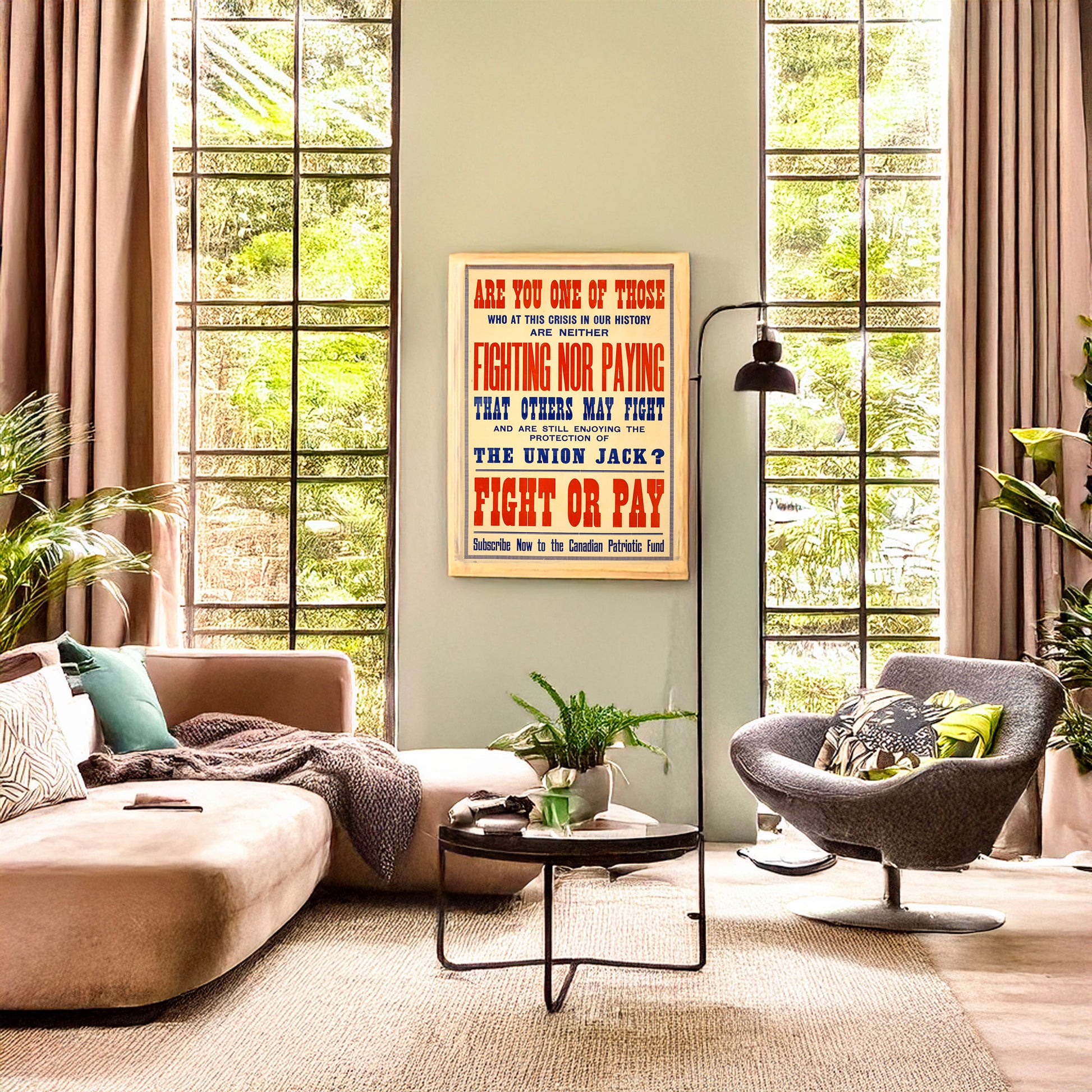 A picture of Fight or pay. Subscribe now to the Canadian Patriotic Fund, a mockup of the print leaning against a wall