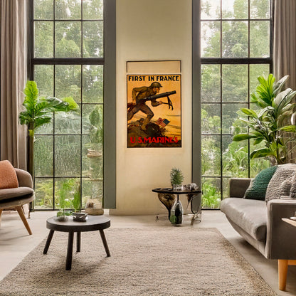 A picture of First in France--U.S. Marines, a mockup of the print leaning against a wall