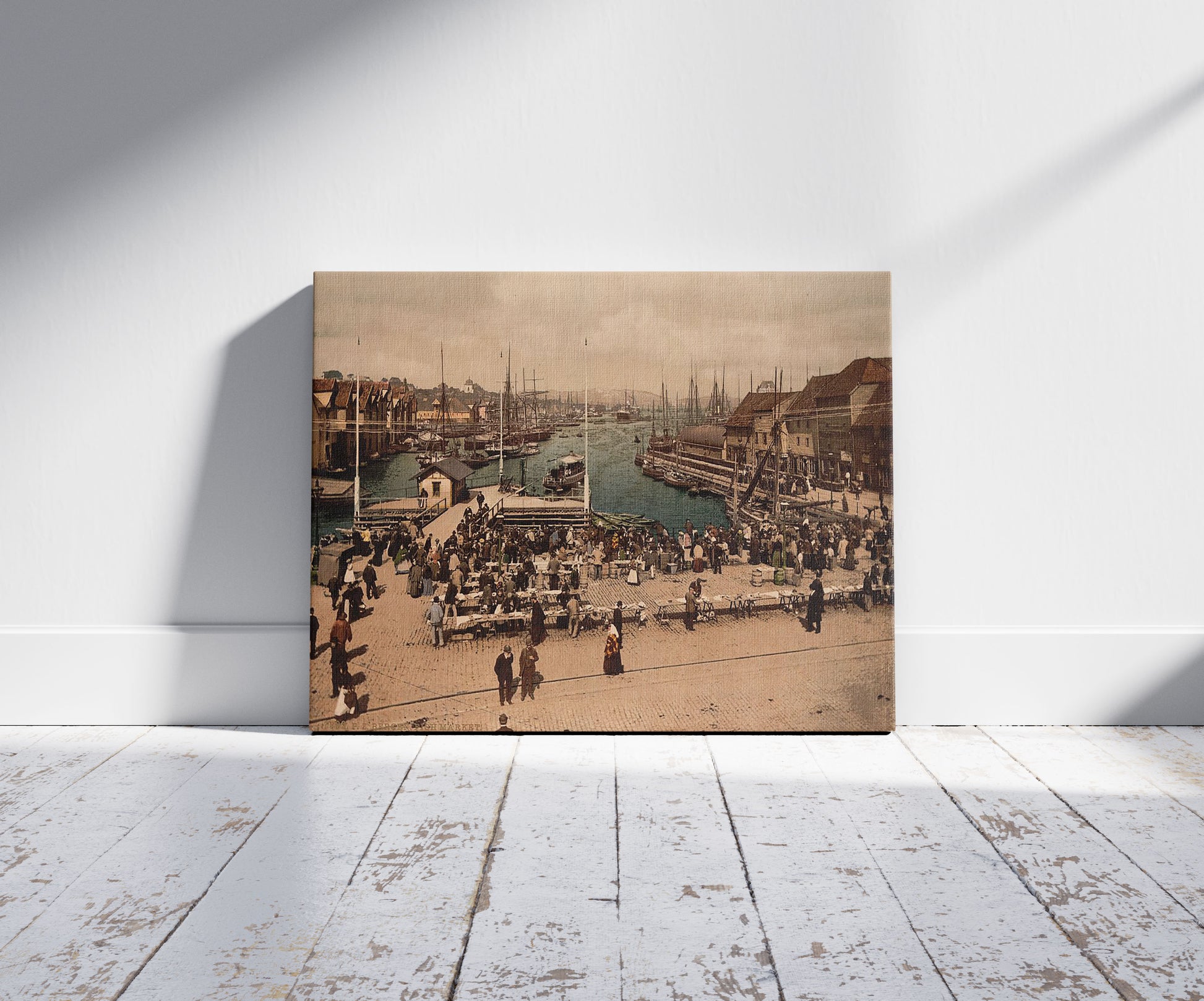 A picture of Fish market, Bergen, Norway, a mockup of the print leaning against a wall