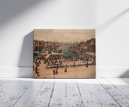 A picture of Fish market, Bergen, Norway, a mockup of the print leaning against a wall