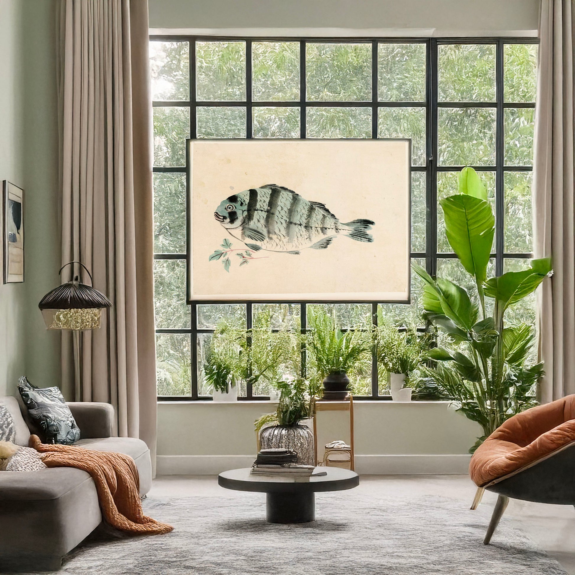 A picture of Fish, a mockup of the print leaning against a wall