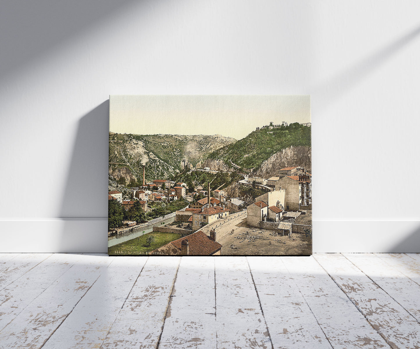 A picture of Fiume, Zwirthal, Croatia, Austro-Hungary, a mockup of the print leaning against a wall