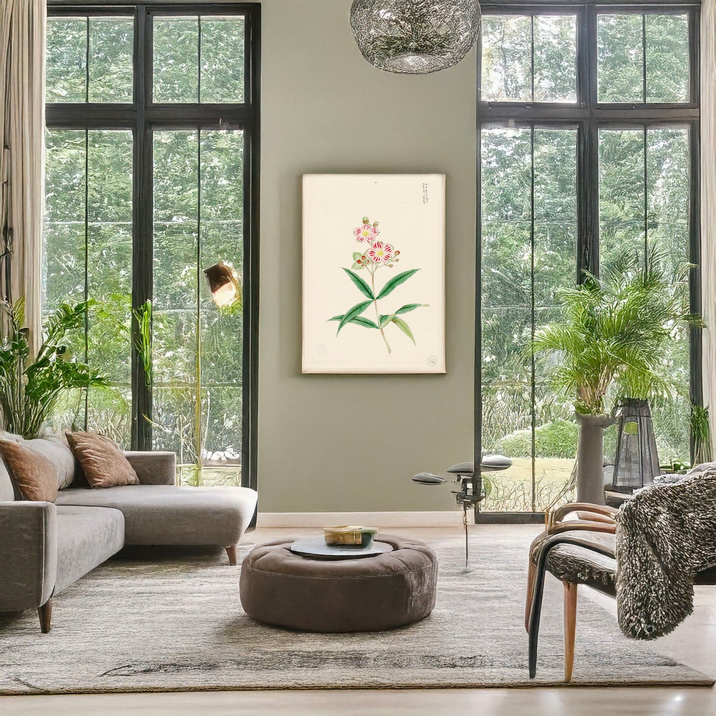 A picture of Five petal red-on-white blossoms on stem above two three-leaf whorls, a mockup of the print leaning against a wall