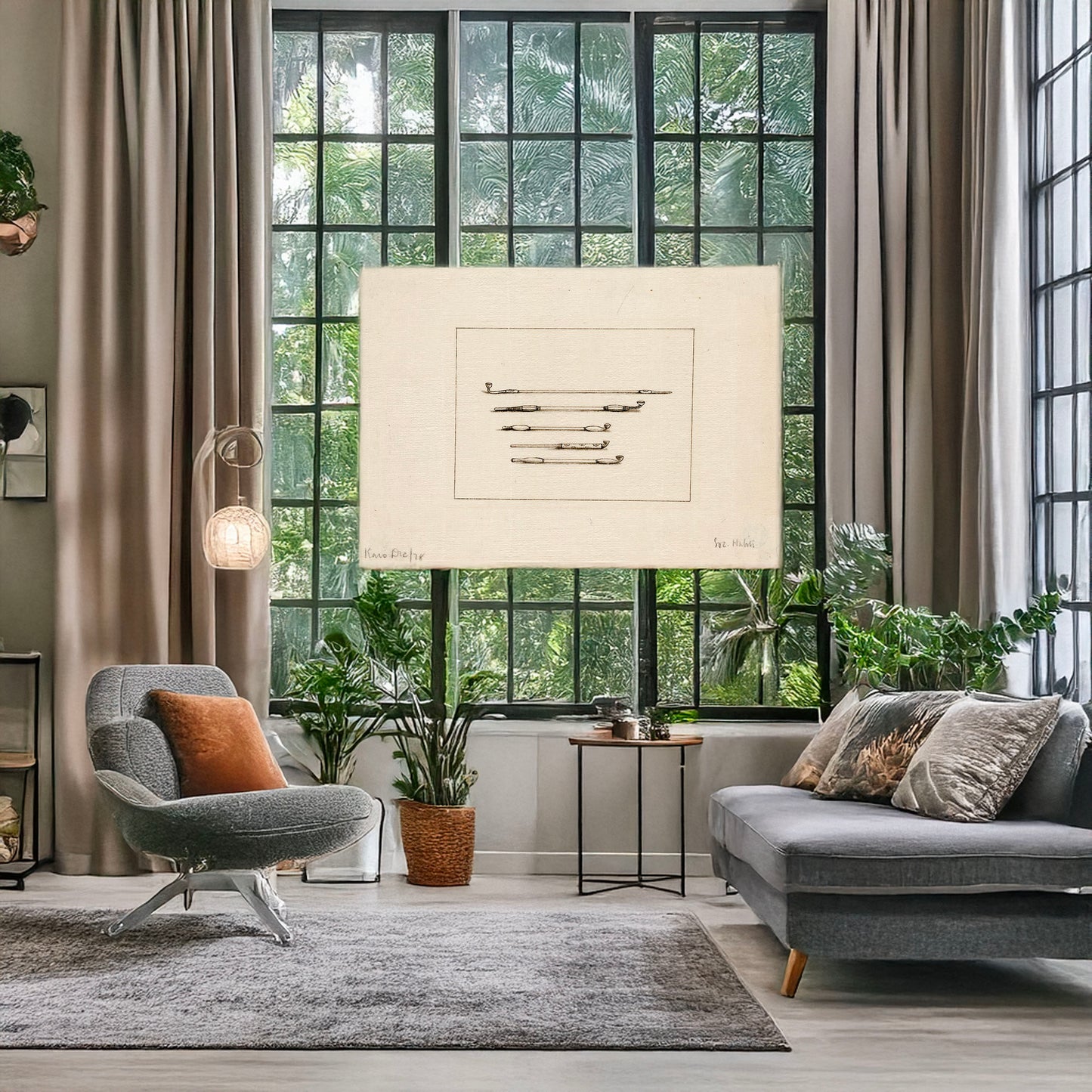 A picture of Five styles of tobacco or opium pipes, a mockup of the print leaning against a wall