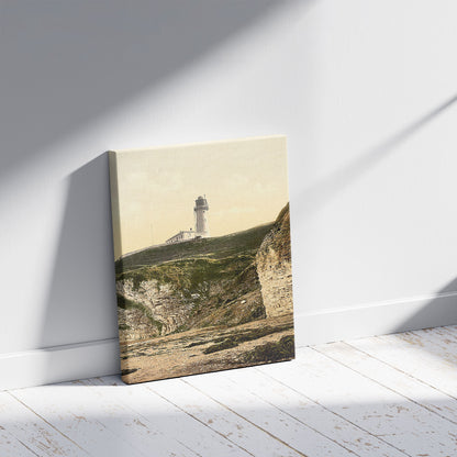 A picture of Flamborough, lighthouse, Yorkshire, England, a mockup of the print leaning against a wall