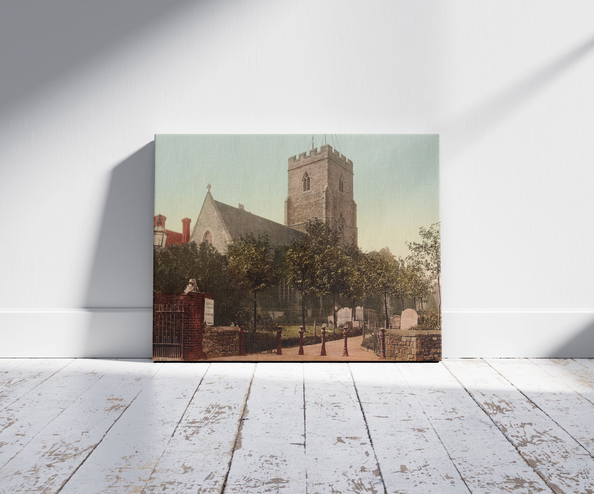 A picture of Folkestone. St. Mary's Church, a mockup of the print leaning against a wall