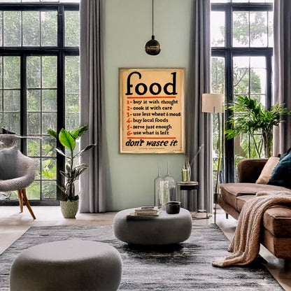 A picture of Food--don't waste it, a mockup of the print leaning against a wall
