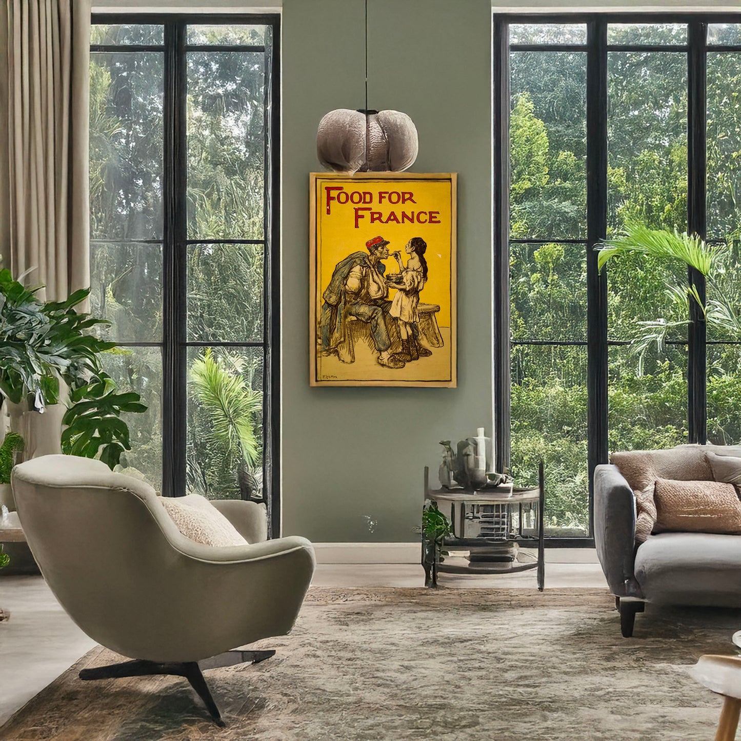 A picture of Food for France, a mockup of the print leaning against a wall