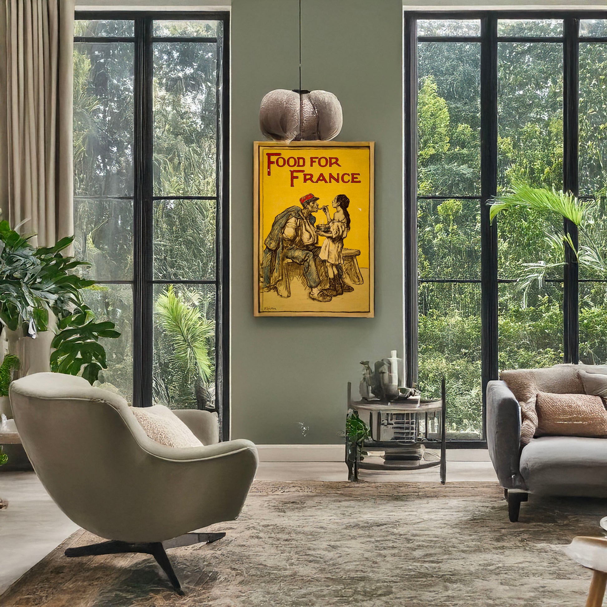 A picture of Food for France, a mockup of the print leaning against a wall