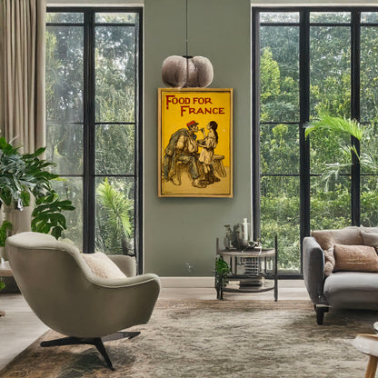 A picture of Food for France, a mockup of the print leaning against a wall