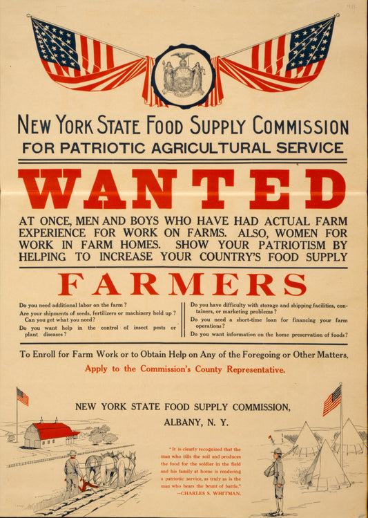 A picture of For patriotic agricultural service--wanted at once, men and boys who have had actual farm experience ...