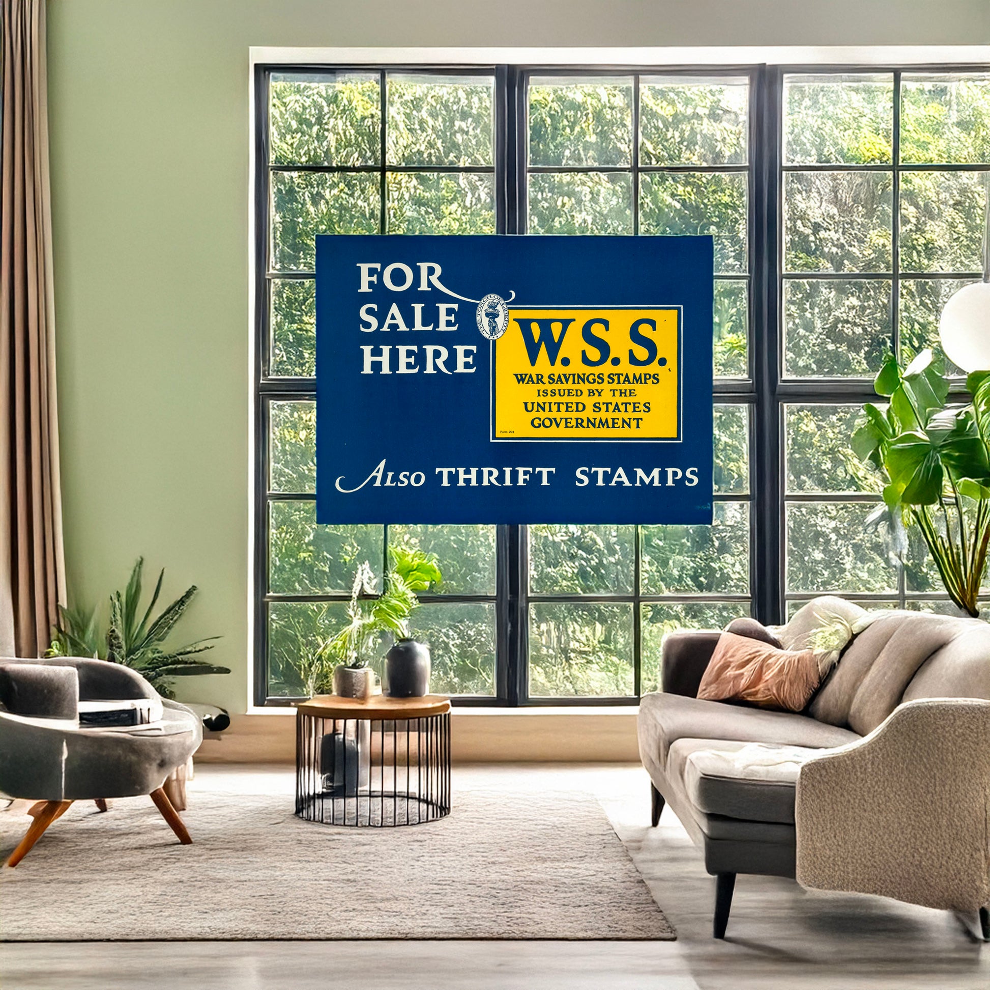 A picture of For sale here, W.S.S. War Savings Stamps issued by the United States government, also Thrift Stamps., a mockup of the print leaning against a wall