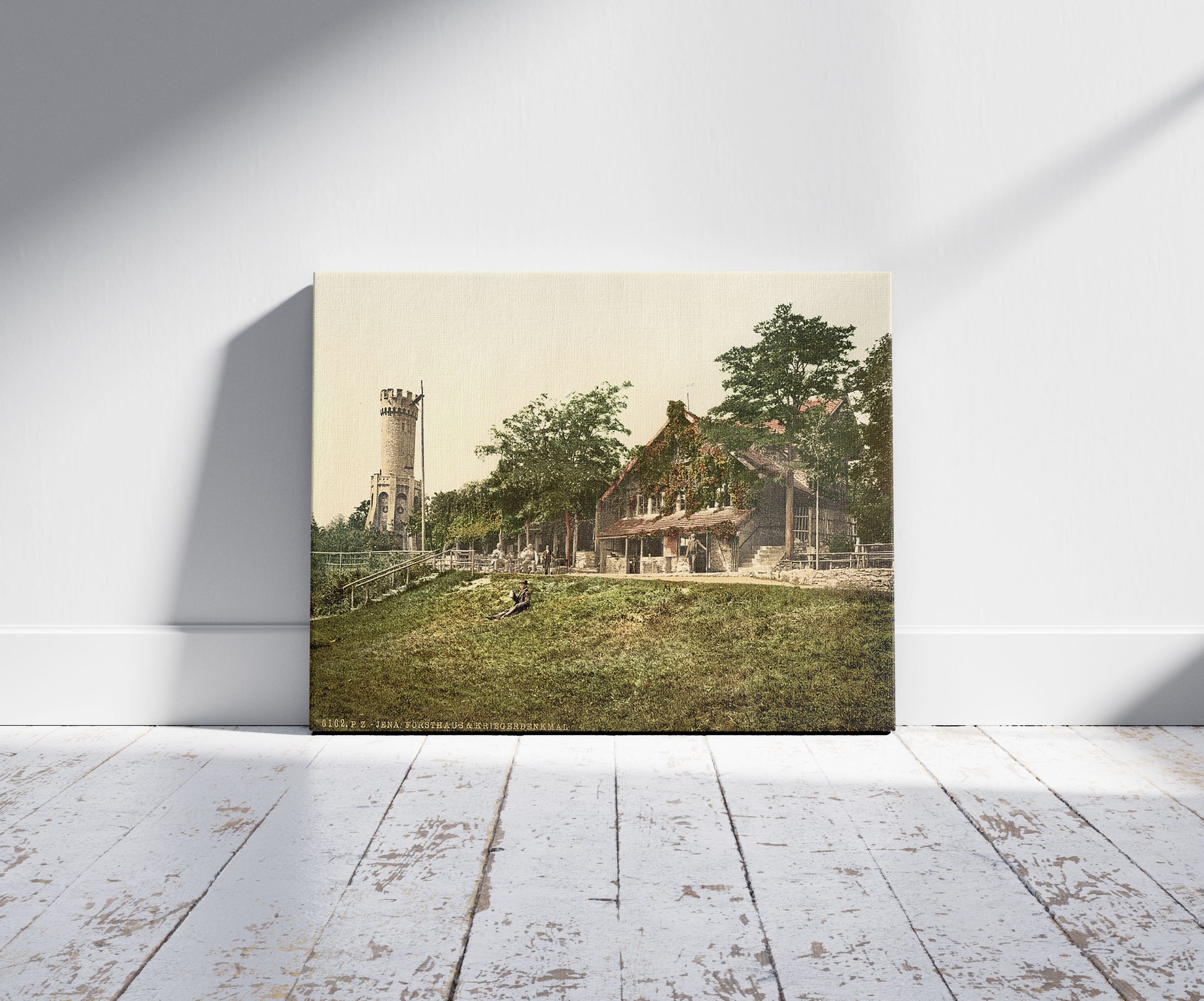 A picture of Foresters' House and Soldiers' Memorial, Jena, Thuringia, Germany, a mockup of the print leaning against a wall