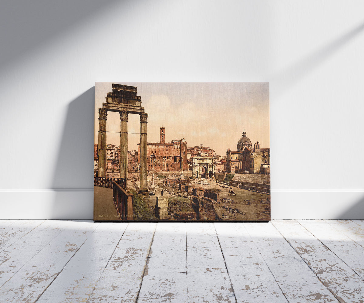 A picture of Forum Romano, Rome, Italy, a mockup of the print leaning against a wall