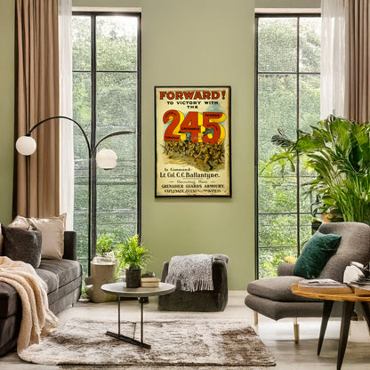 A picture of Forward! To victory with the 245 Overseas Canadian Grenadier Guards Battalion, a mockup of the print leaning against a wall
