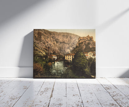 A picture of Fountain and valley of Vauclause, Orange, Provence, France, a mockup of the print leaning against a wall