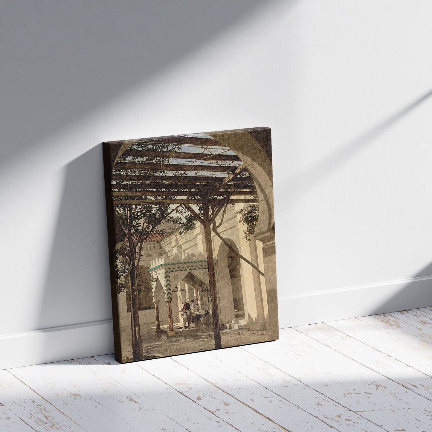A picture of Fountain in Mosque of El Kebir, Algiers, Algeria, a mockup of the print leaning against a wall