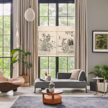 A picture of Foxes and chrysanthemums, a mockup of the print leaning against a wall