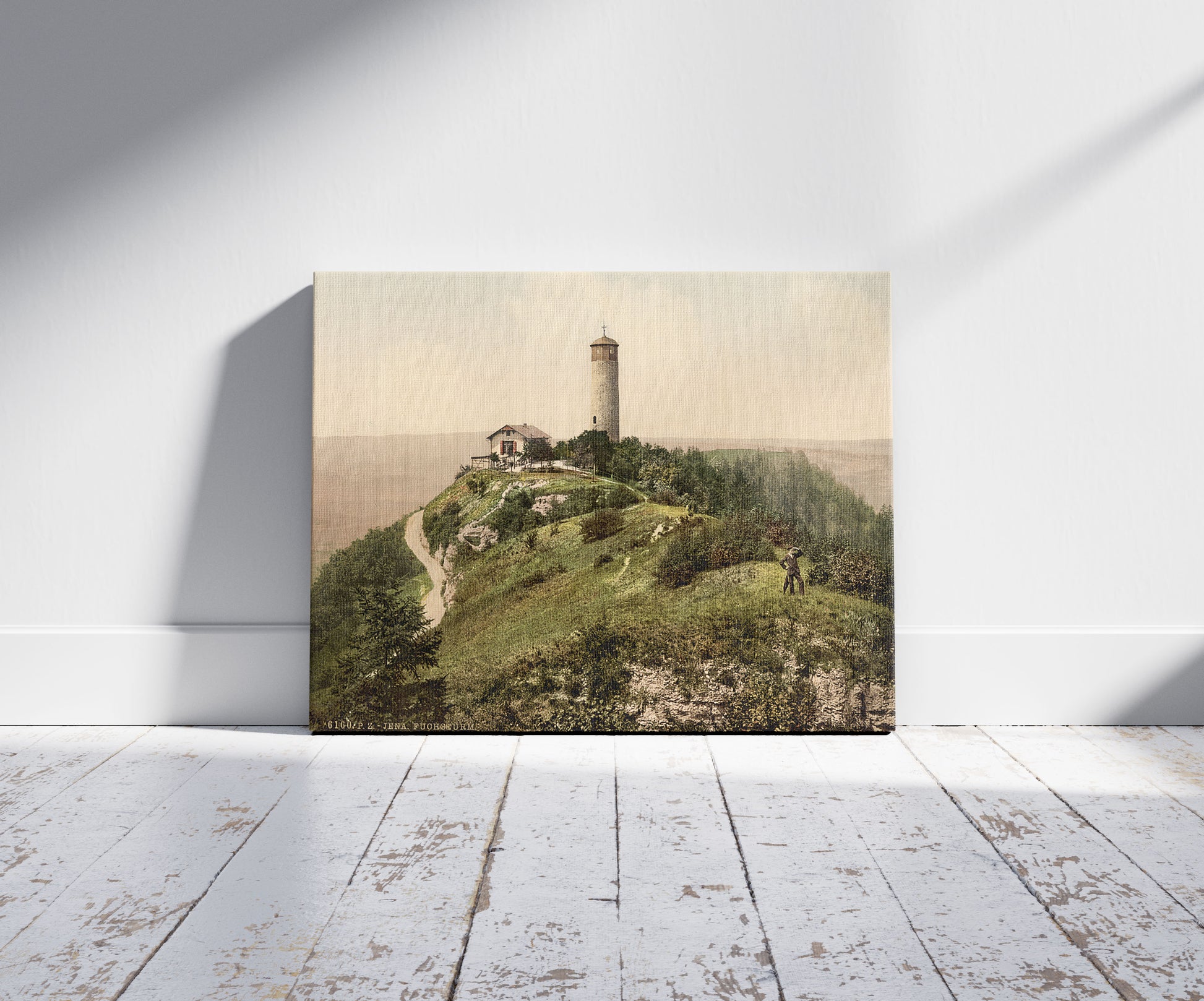 A picture of Foxtower, Jena, Thuringia, Germany, a mockup of the print leaning against a wall