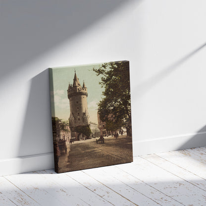 A picture of Frankfurt A.M. Eschenheimer Thurm, a mockup of the print leaning against a wall