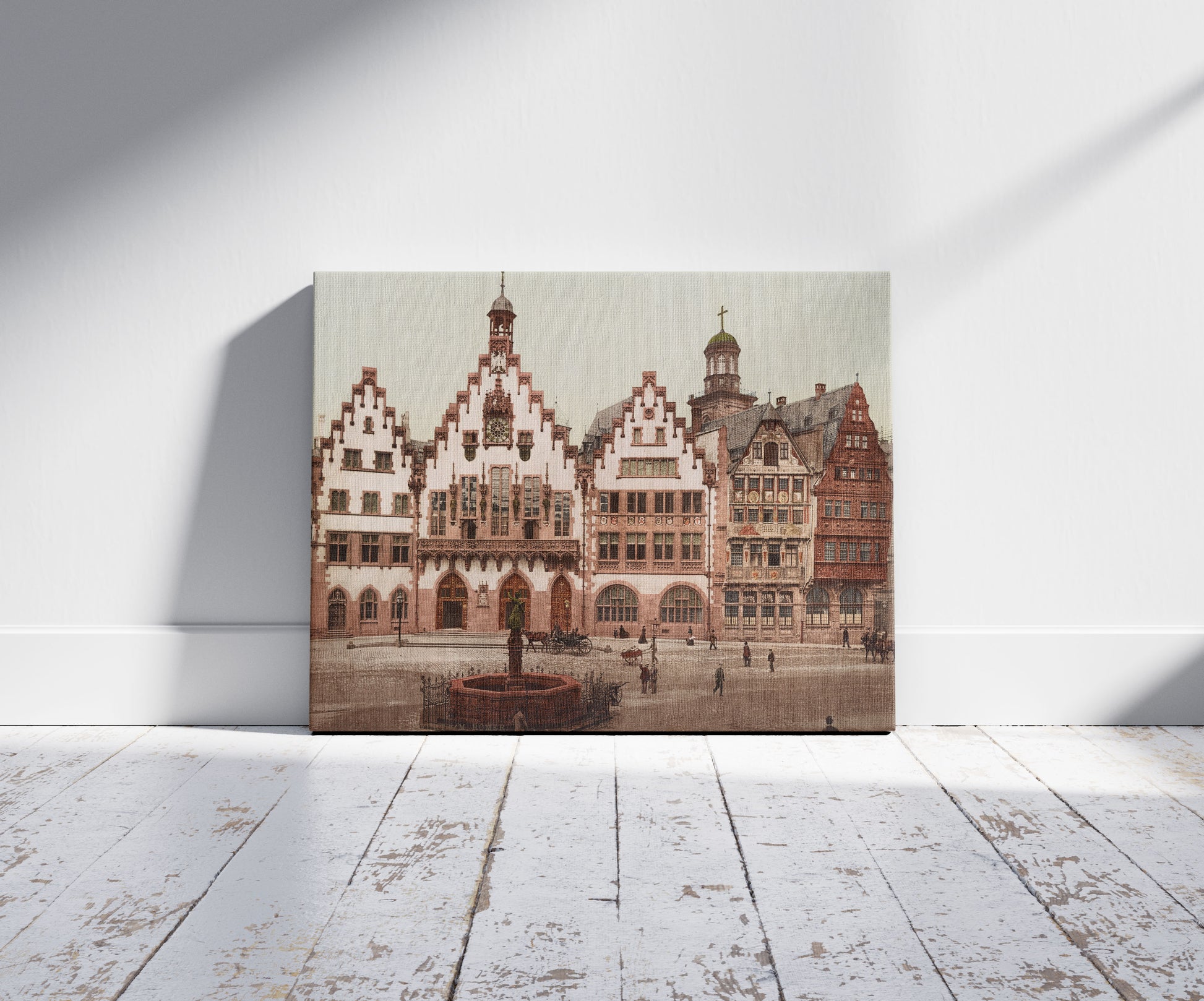 A picture of Frankfurt a/M. Römer, a mockup of the print leaning against a wall