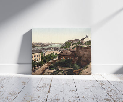 A picture of Franz Joseph's Bridge, looking towards the bridge, Budapest, Hungary, Austro-Hungary, a mockup of the print leaning against a wall
