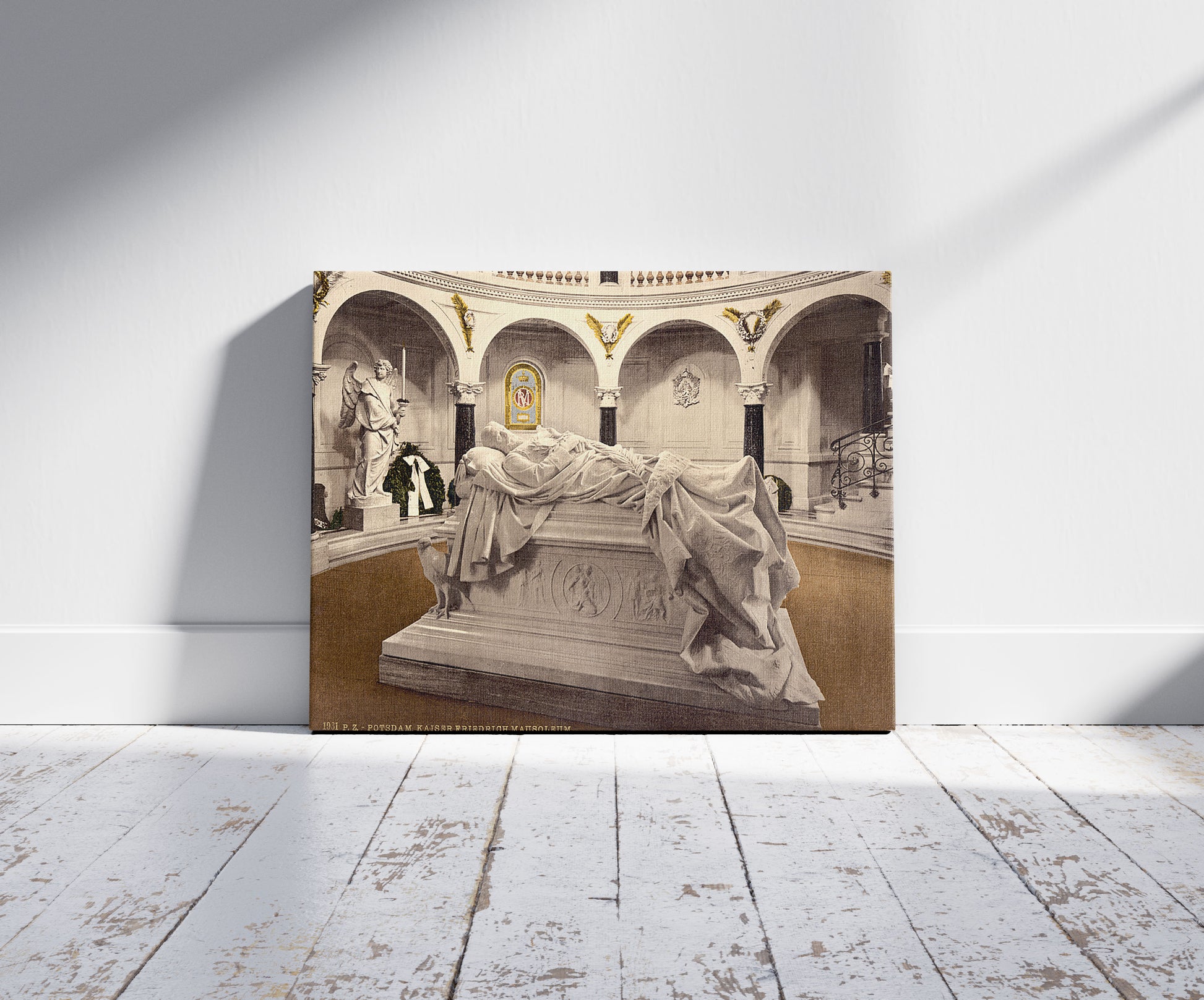 A picture of Frederick the Great's Mausoleum, Potsdam, Berlin, Germany, a mockup of the print leaning against a wall