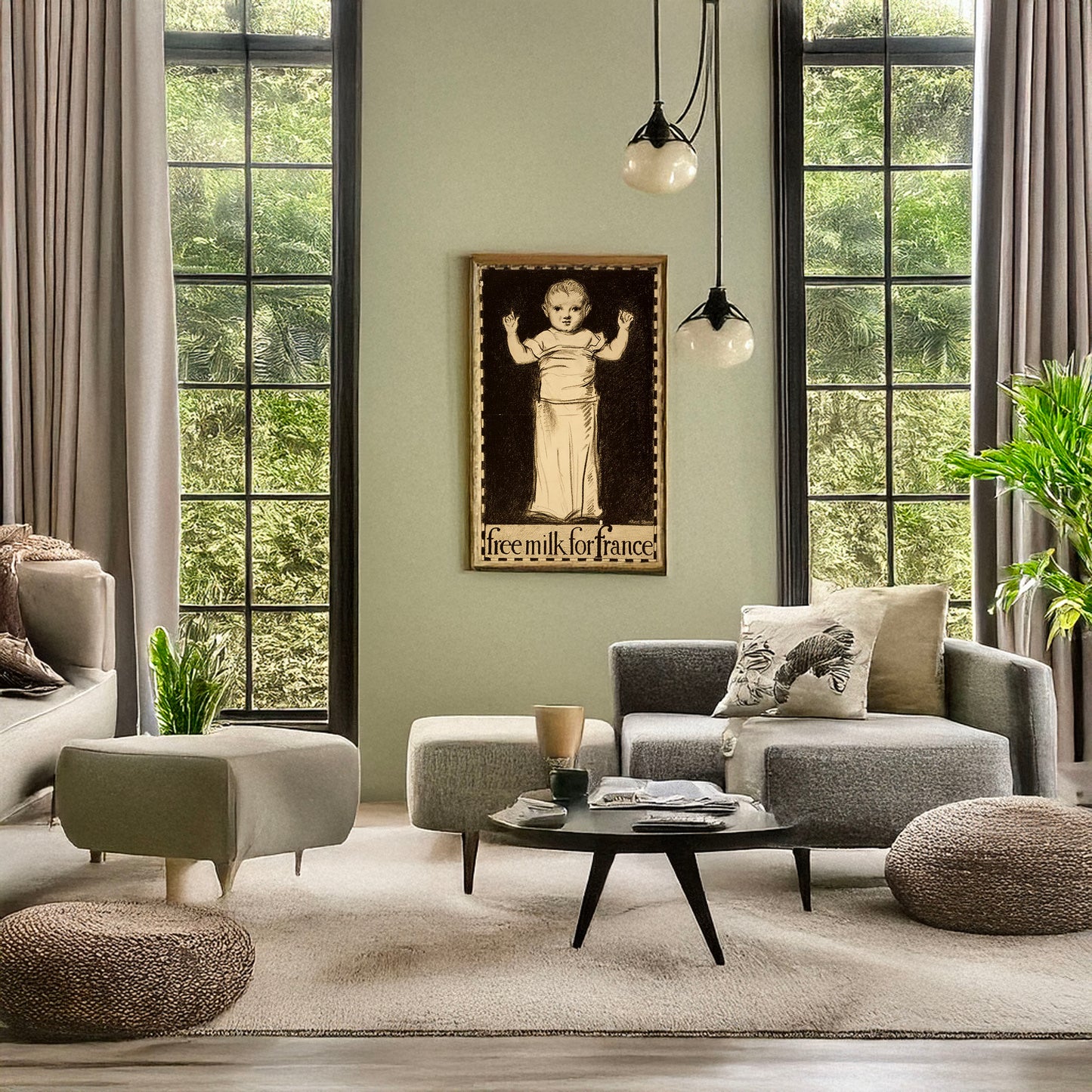 A picture of Free milk for France, a mockup of the print leaning against a wall
