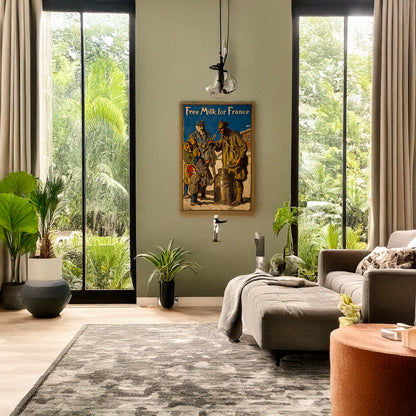 A picture of Free milk for France, a mockup of the print leaning against a wall
