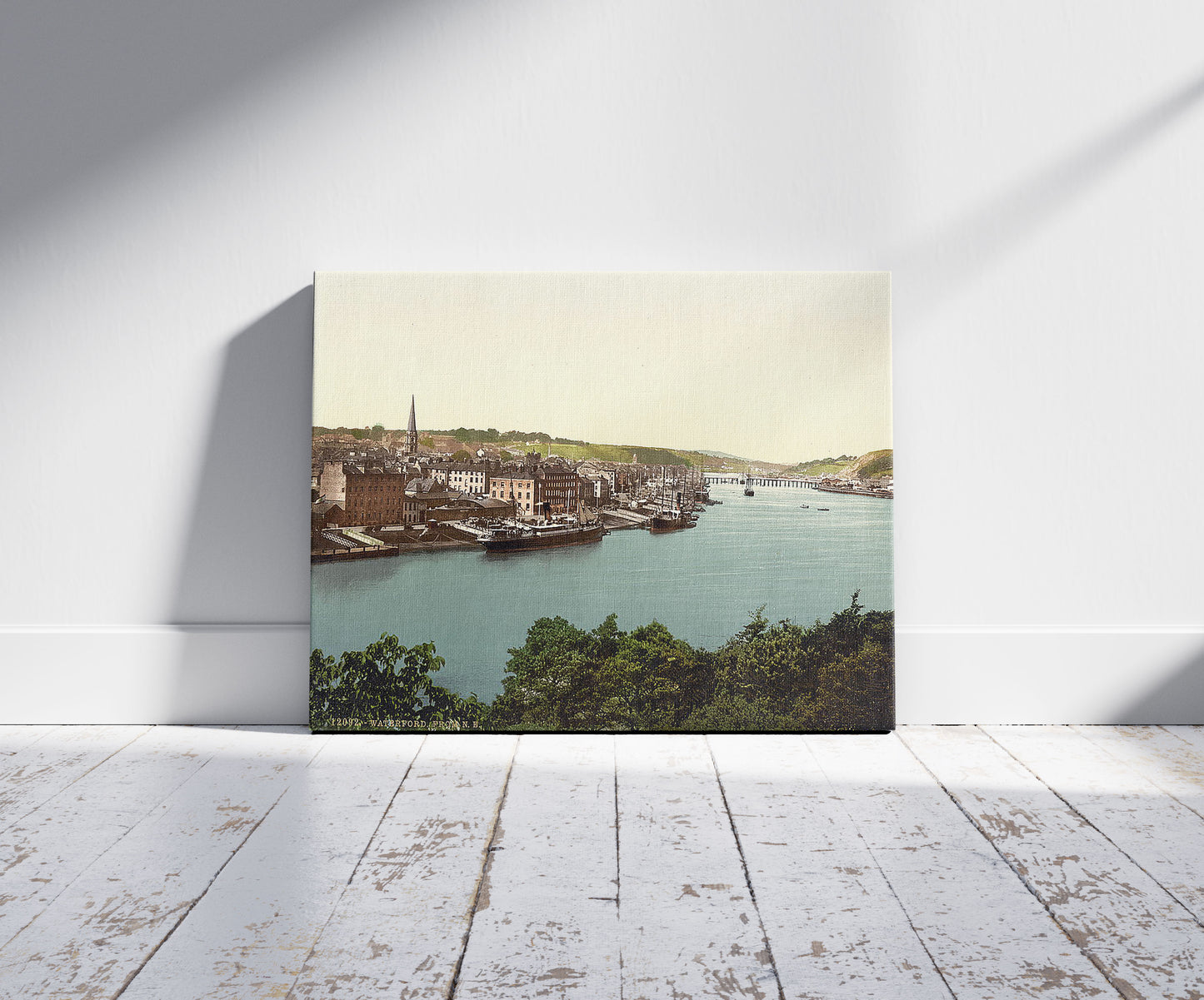 A picture of From east, Waterford. County Waterford, Ireland, a mockup of the print leaning against a wall