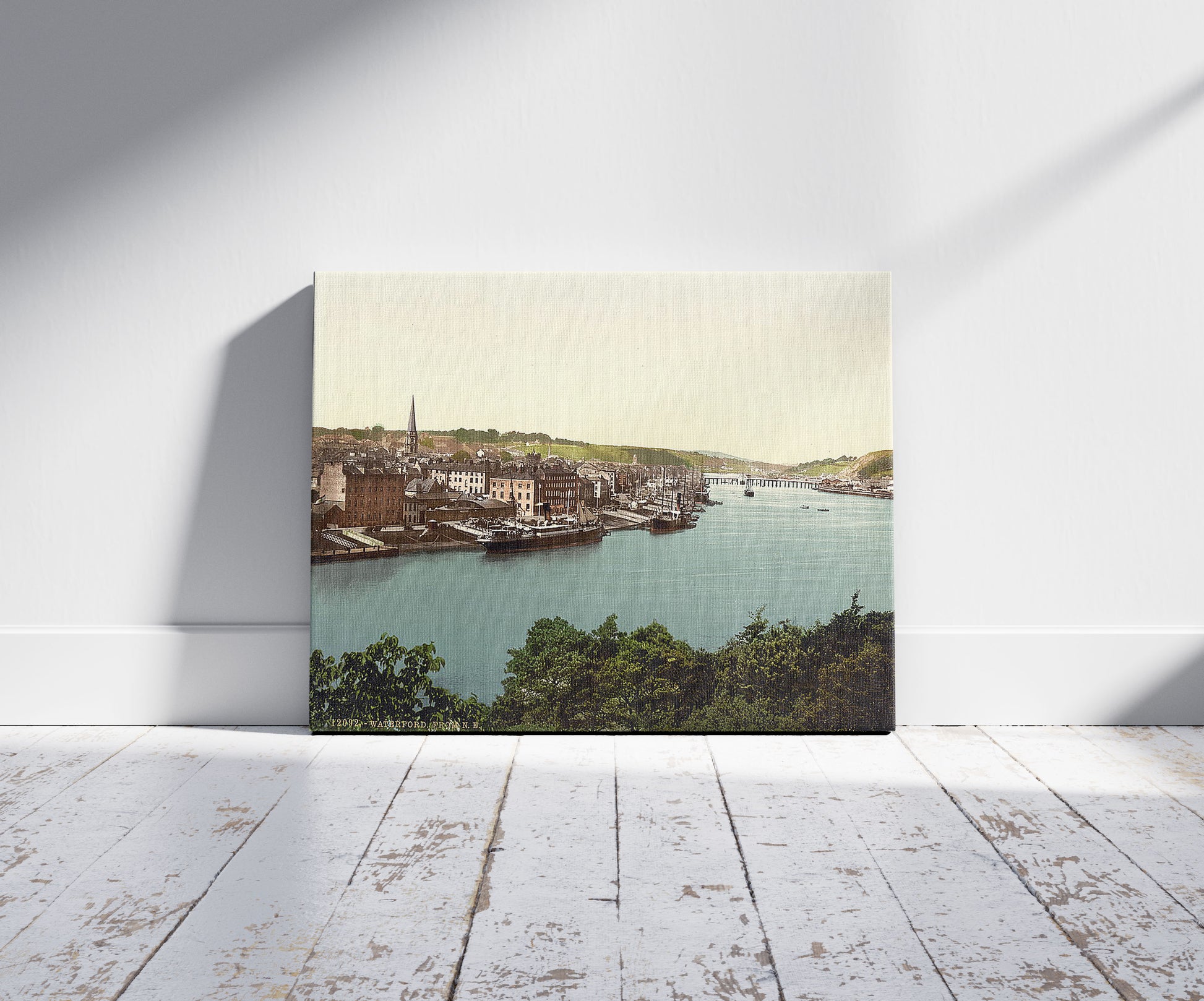 A picture of From east, Waterford. County Waterford, Ireland, a mockup of the print leaning against a wall