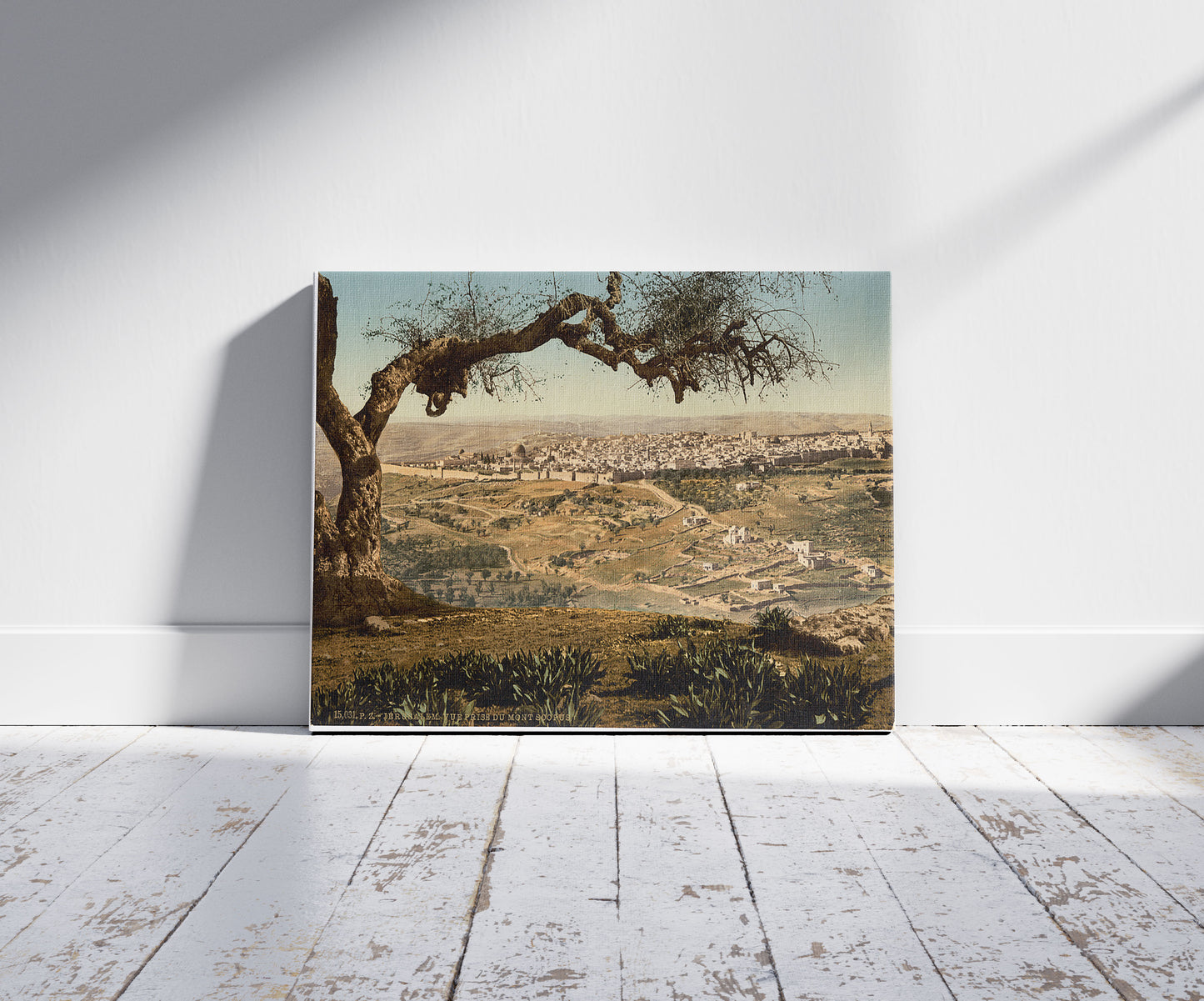 A picture of From Mount Scopus, Jerusalem, Holy Land, a mockup of the print leaning against a wall